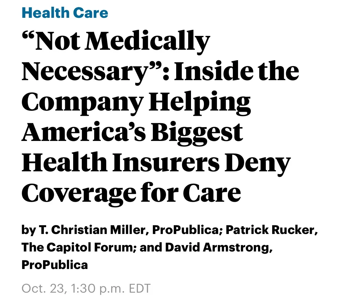 The image displays a newspaper article headline about a company assisting major U.S. health insurers in denying medical…
