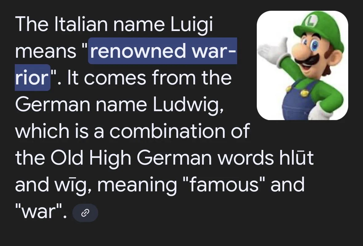 An image of Luigi from the Mario franchise is shown next to text claiming his name means 'renowned warrior' and traces its…