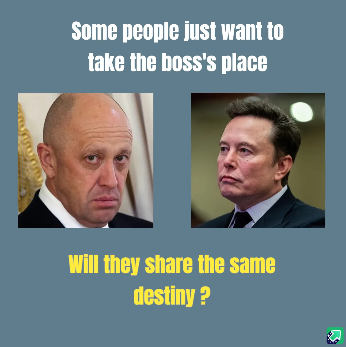 The image displays two men in suits side by side against a gray background. The man on the left has a bald head and a stern…