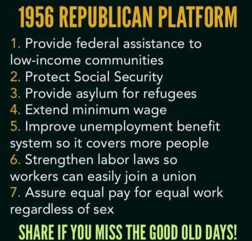The image displays a dark green background with bold yellow and white text listing the 1956 Republican Platform, which…