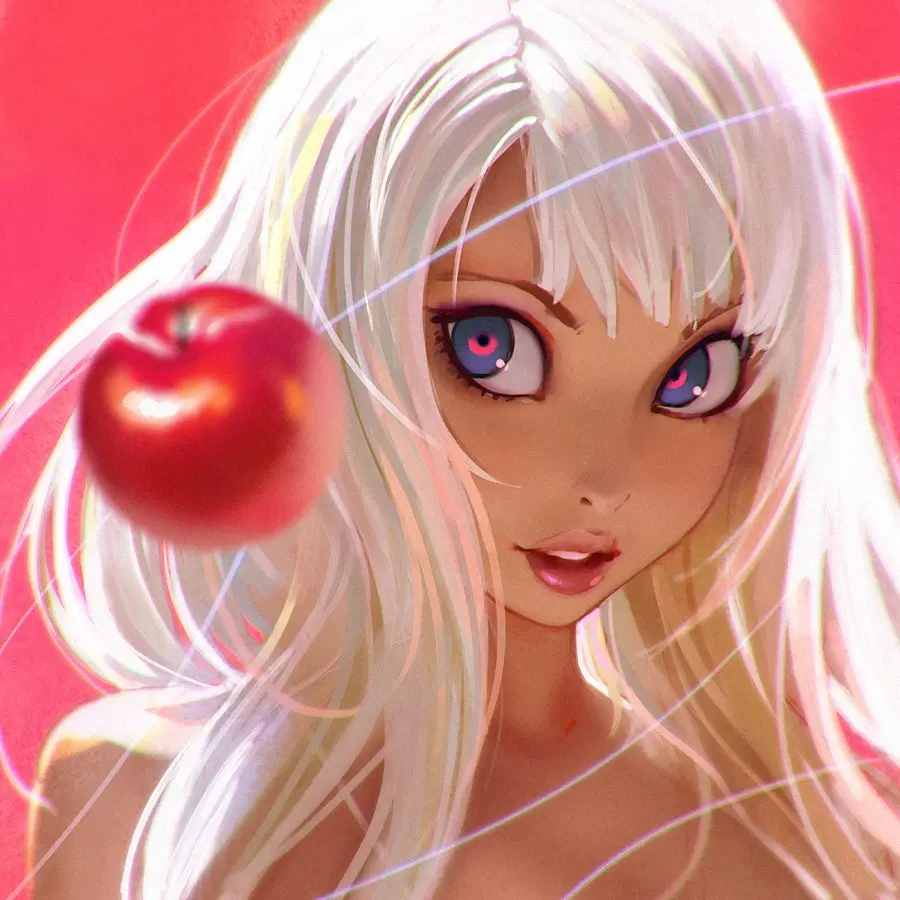 An anime-style illustration of a young woman with long white hair and large blue eyes, looking directly at the viewer with a…