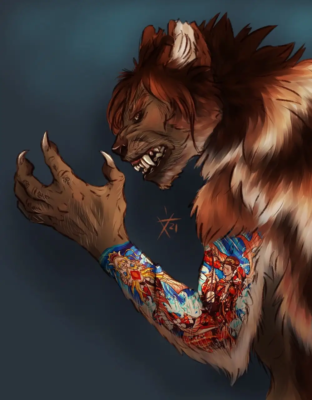 A digitally illustrated anthropomorphic beast with brown fur, sharp claws, and a snarling expression, showing off its…