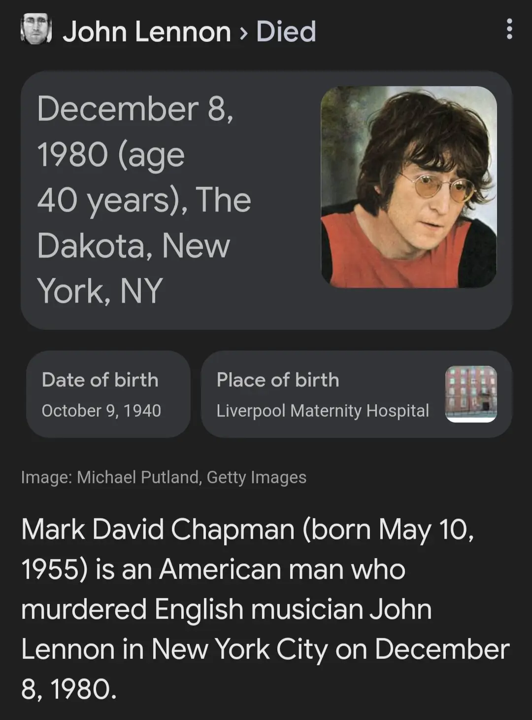 A screenshot of a biographical entry for John Lennon, showing his death date as December 8, 1980, age 40, at The Dakota, New…