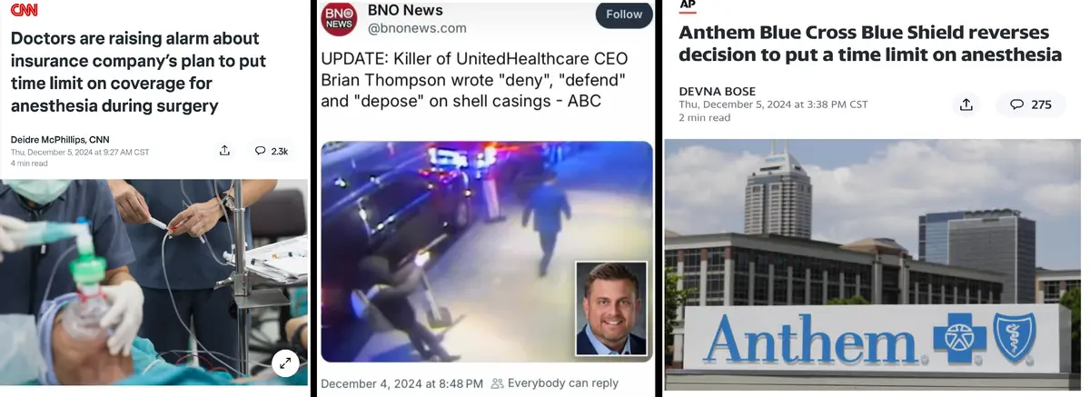 The image displays three side-by-side news headlines. The left shows a CNN article about doctors warning over an insurance…