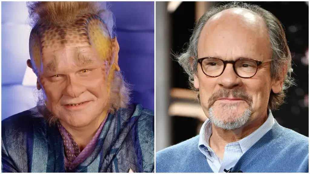 The image is a side-by-side split: on the left, actor John de Lancie in full costume as the character Q from Star Trek, with…