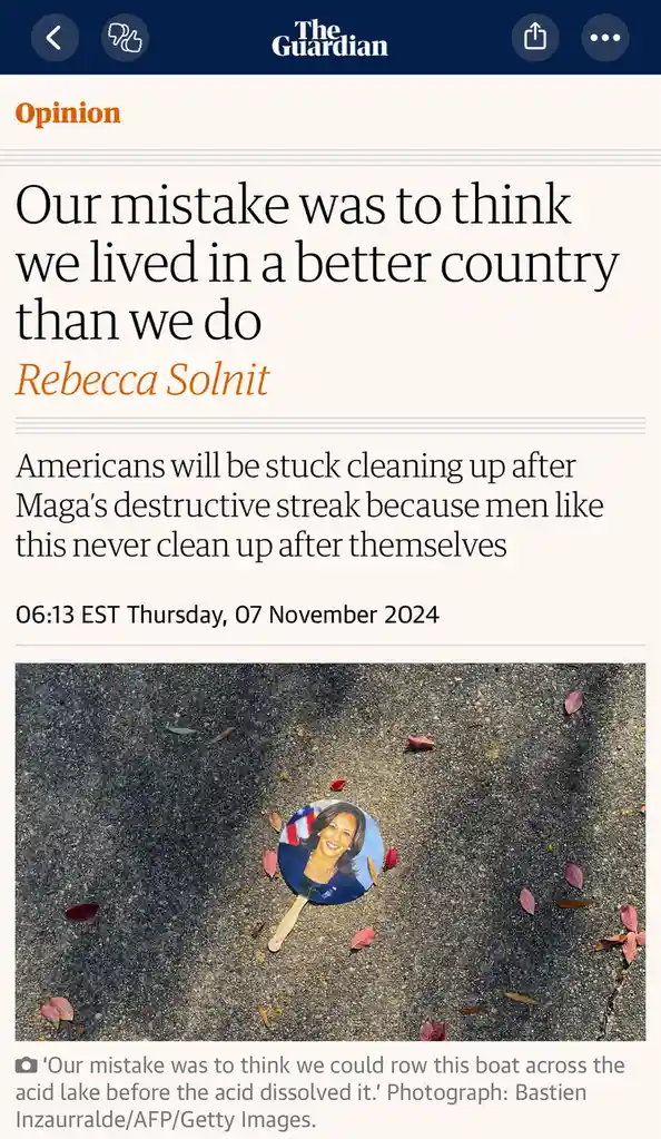 A screenshot of a The Guardian opinion article by Rebecca Solnit, featuring a photo of a discarded Kamala Harris campaign…