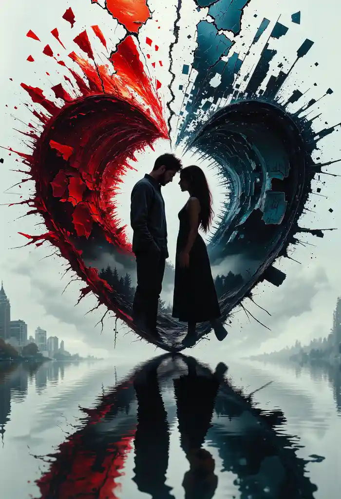 A man and woman stand facing each other in silhouette over water, framed by a large, cracked heart split into red and blue…