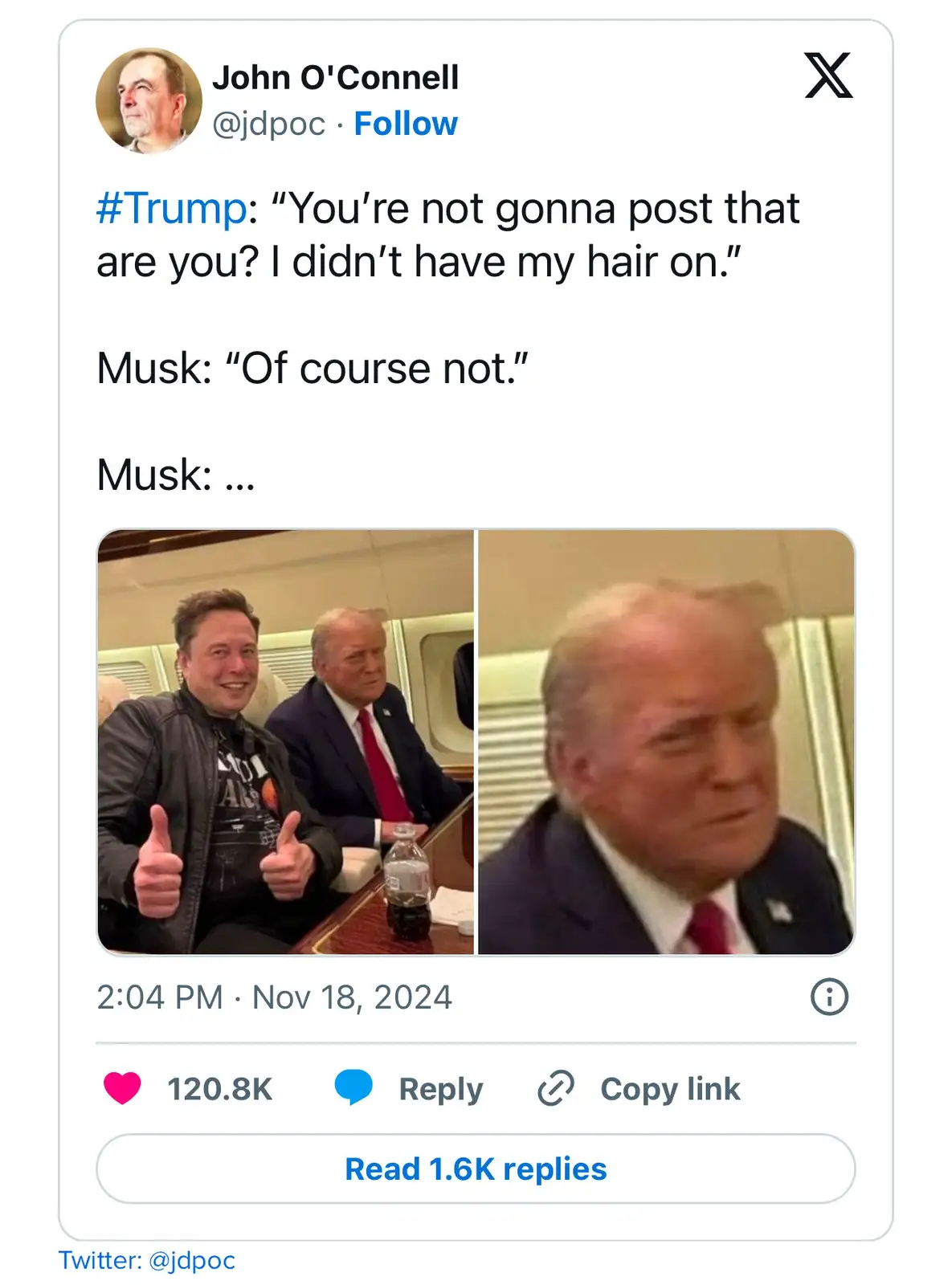 A screenshot of a tweet by John O'Connell showing a split image: on the left, Elon Musk giving two thumbs up while sitting…