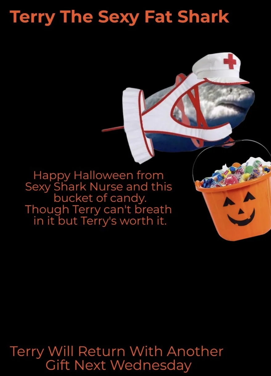A shark wearing a nurse's uniform and hat floats beside a jack-o'-lantern candy bucket against a black background. The text…
