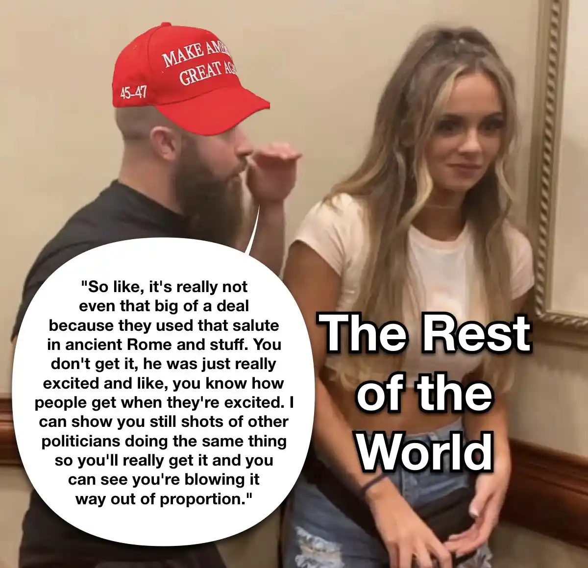 A man wearing a red 'Make America Great Again' cap with '45-47' on the side is speaking to a woman, with a speech bubble…