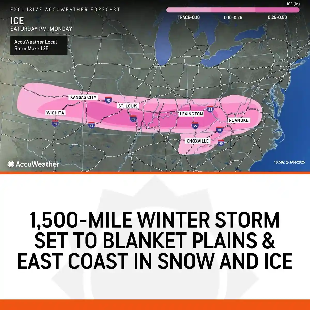 An AccuWeather ice forecast map shows a large pink band stretching across the central and eastern U.S., covering cities like…