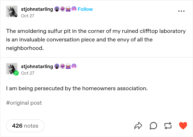 A screenshot of two consecutive social media posts from the same user, showing a fictional narrative where a ruined clifftop…