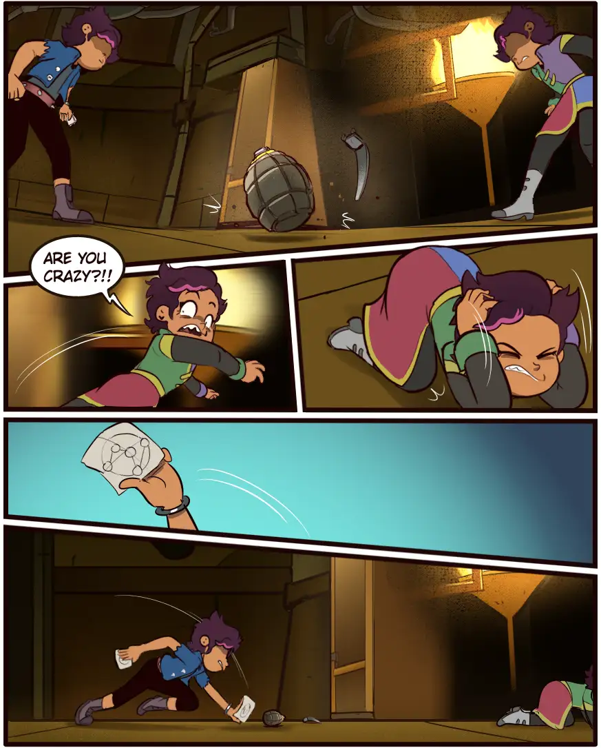 A comic strip shows a character dropping a grenade, then screaming 'ARE YOU CRAZY?!' as their friend falls unconscious. The…